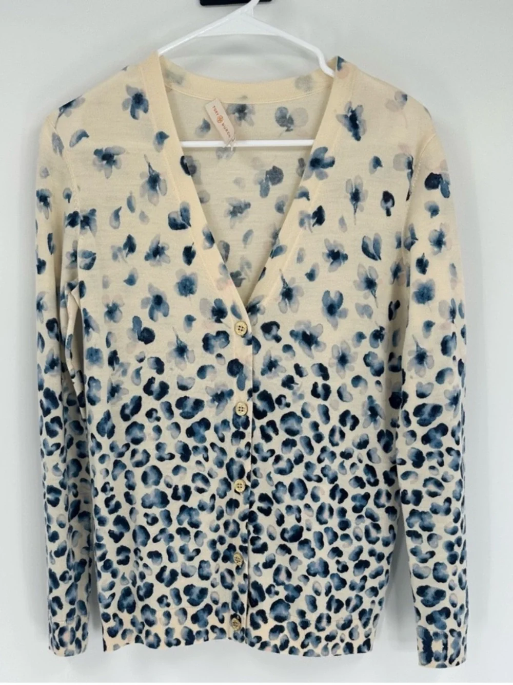 Tory Burch 100% Merino Wool Floral Leopard Print V-Neck Cardigan Sweater,Size XS